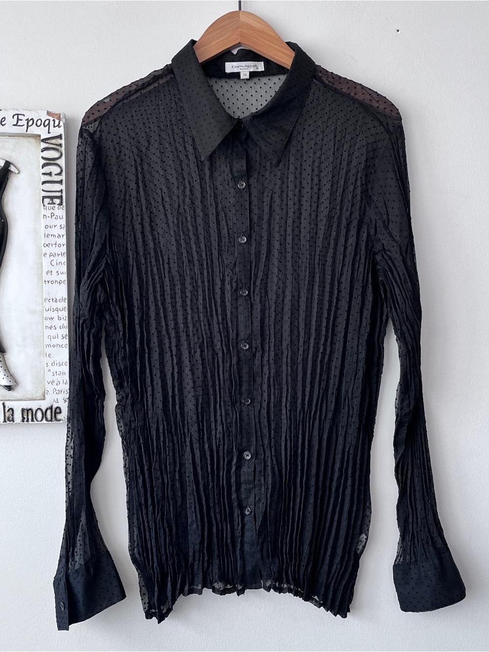 Claudia Richard Woman Black Sheer Polka Dot Crinkled Dress Shirt Plus Size 3X